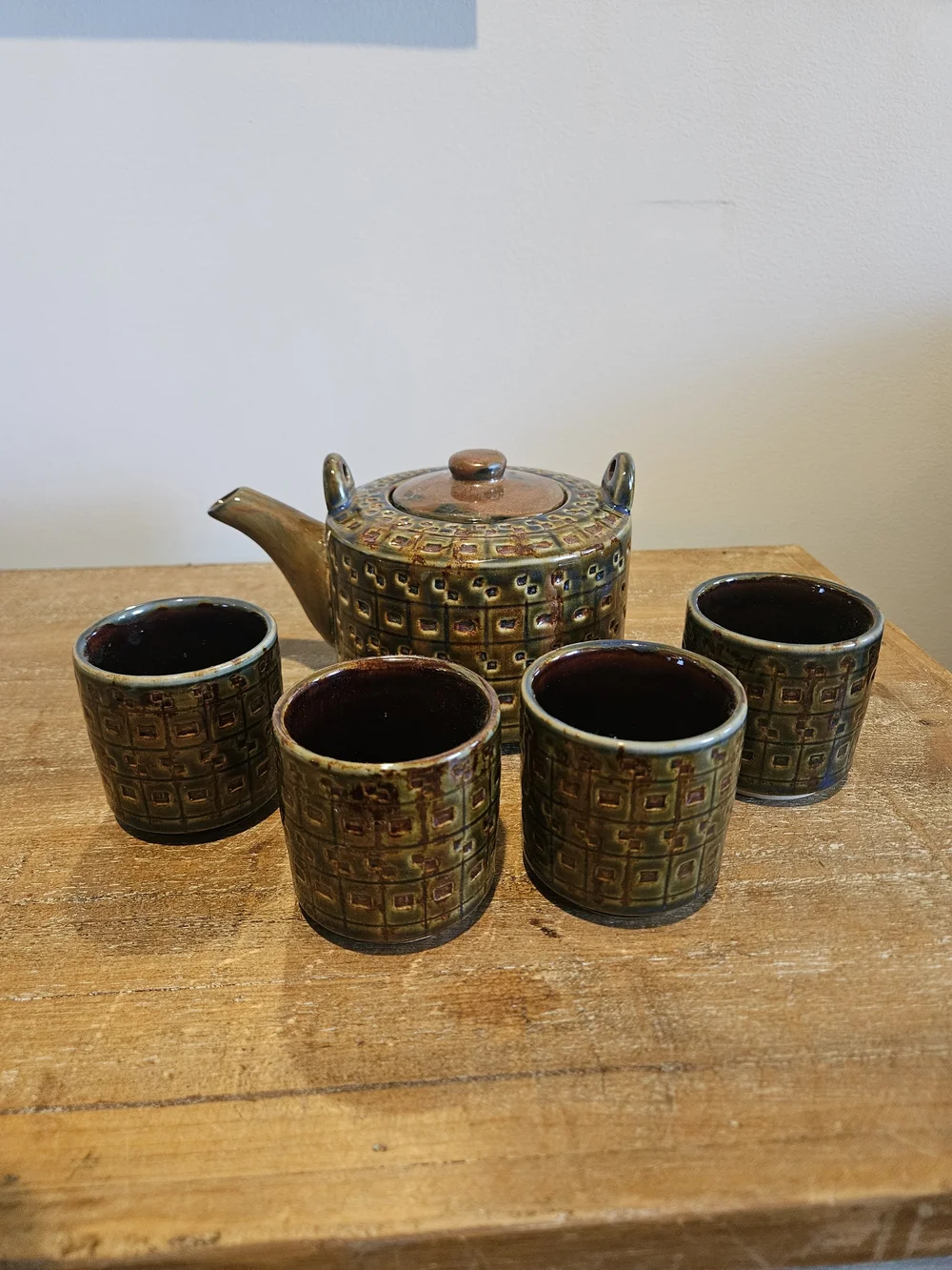 Handcrafted Green Glazed Ceramic Teapot and Cup Set vintage Pier 1 stoneware tea